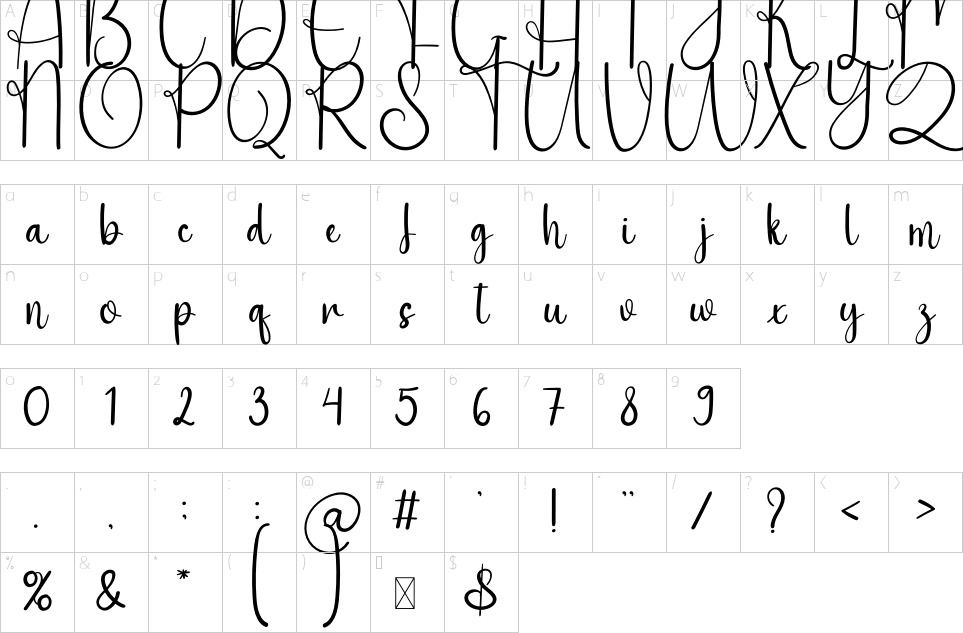 Mapa de caracteres da fonte Daddy Smile Font