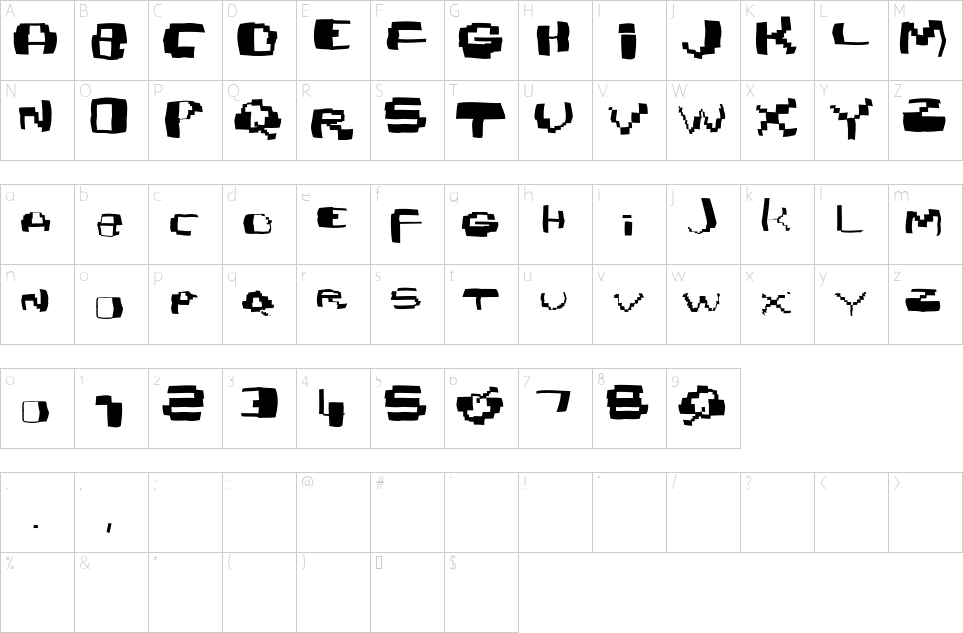 Mapa de caracteres da fonte Damaged Pix Font Font