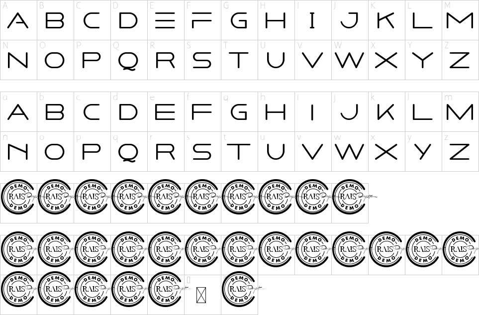 Mapa de caracteres da fonte Damention Font