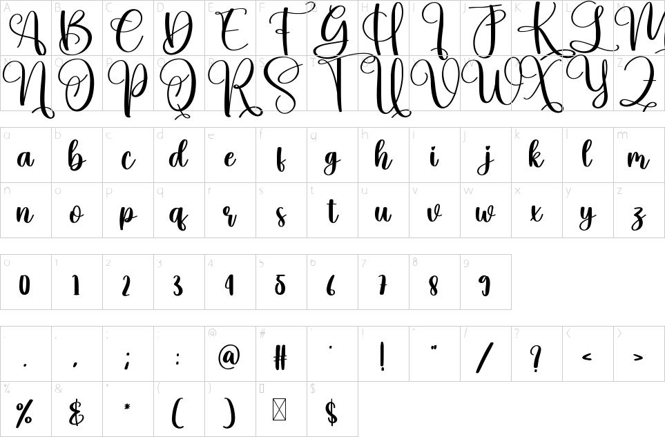 Mapa de caracteres da fonte Dance Font