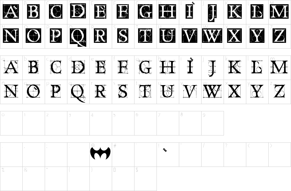 Mapa de caracteres da fonte Dancing Vampyrish Font