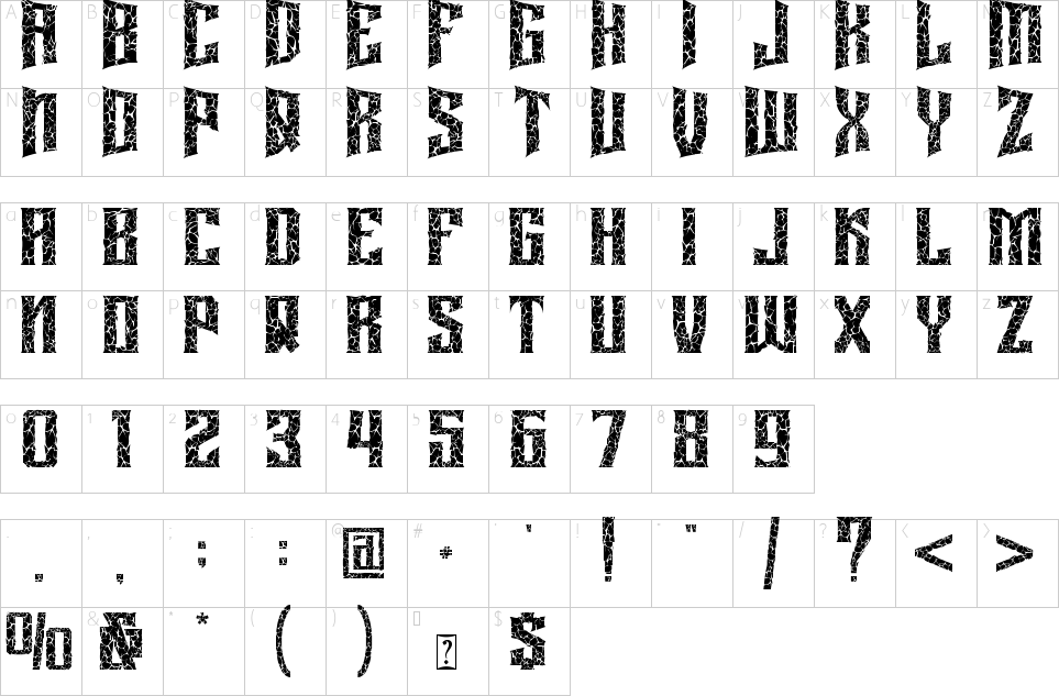 Mapa de caracteres da fonte Darkore Font