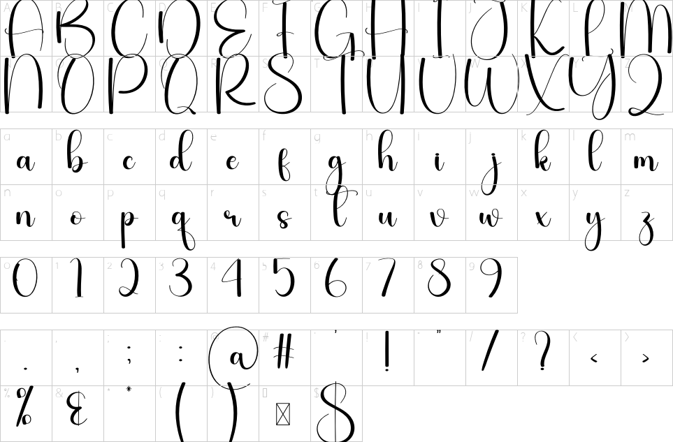 Mapa de caracteres da fonte Darling Font