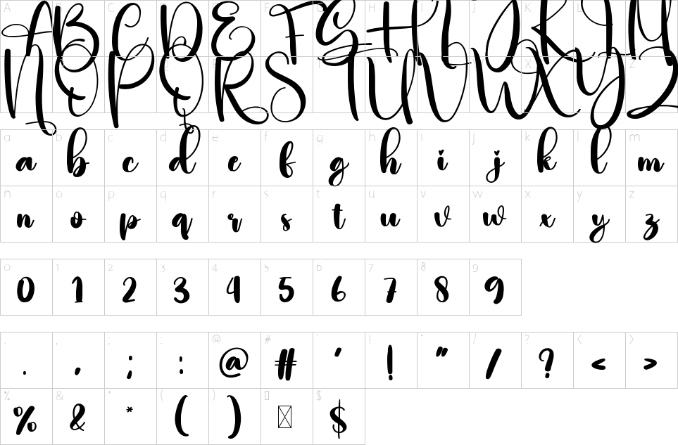 Mapa de caracteres da fonte Darling Font