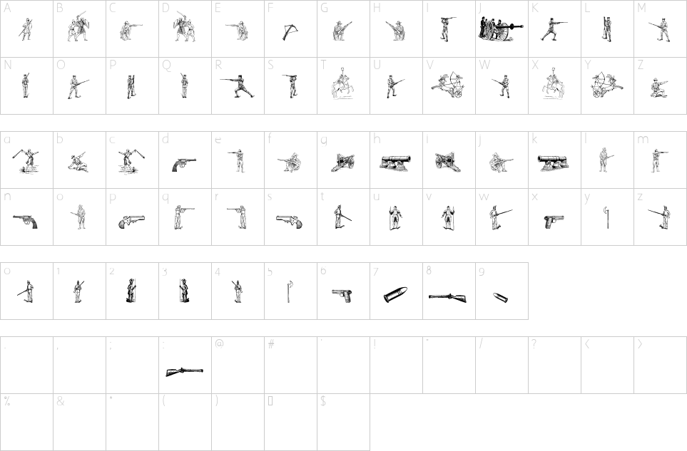 Mapa de caracteres da fonte Das Krieg Font