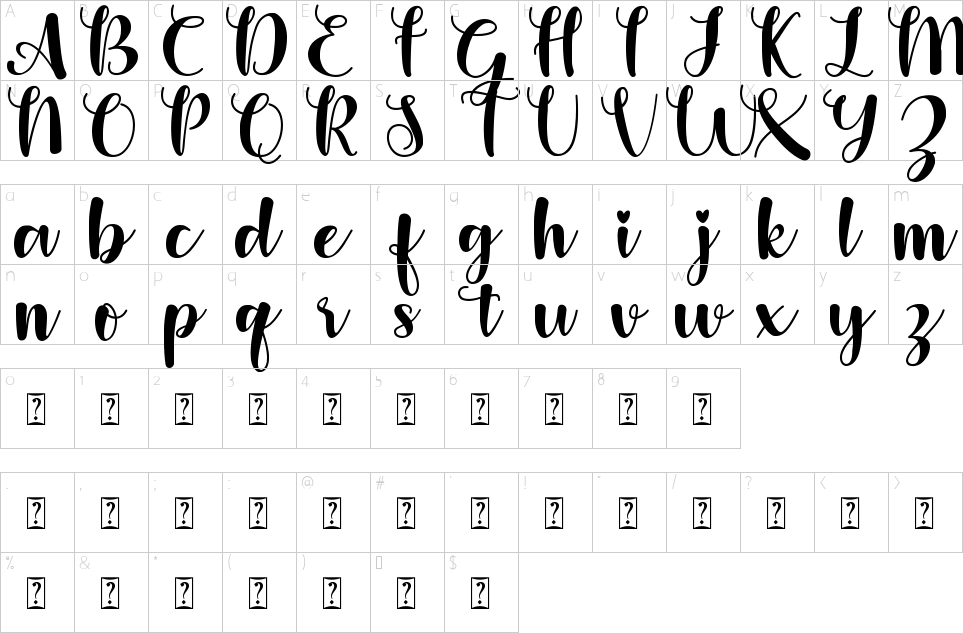 Mapa de caracteres da fonte Dear Sweetheart Font