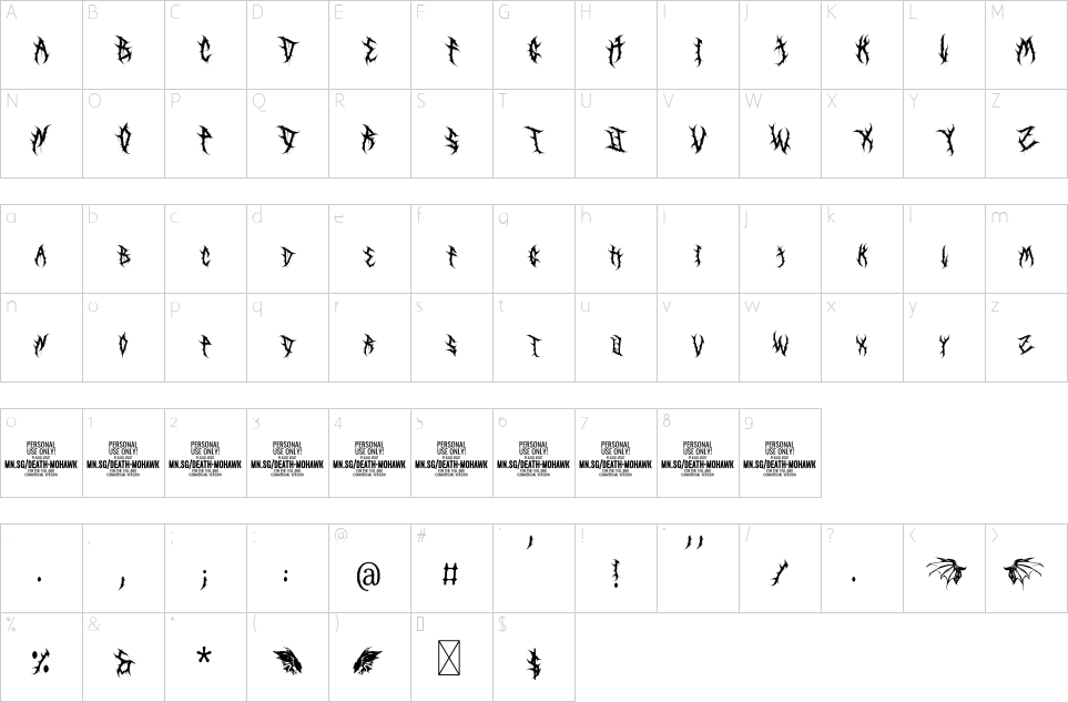 Mapa de caracteres da fonte Death Mohawk Font