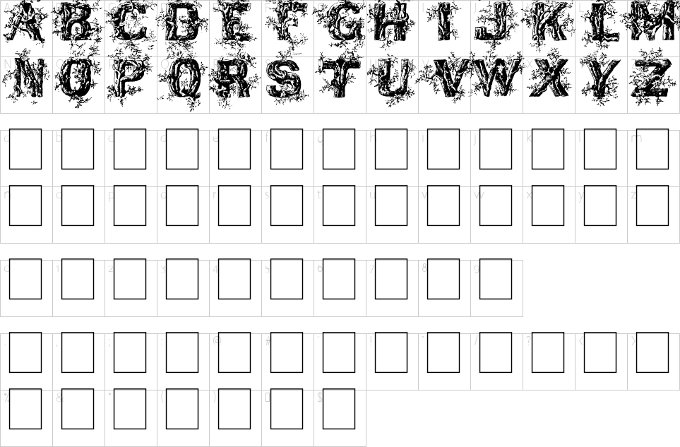 Mapa de caracteres da fonte Deep Woods Font