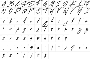 Mapa de caracteres da fonte Delistha Signature Font
