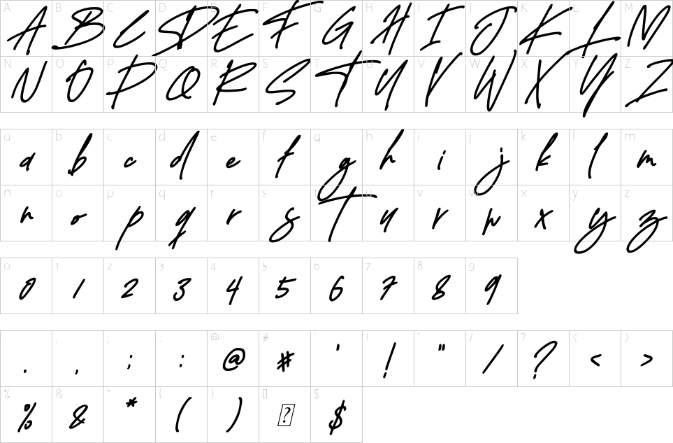 Mapa de caracteres da fonte Delistha Signature Font