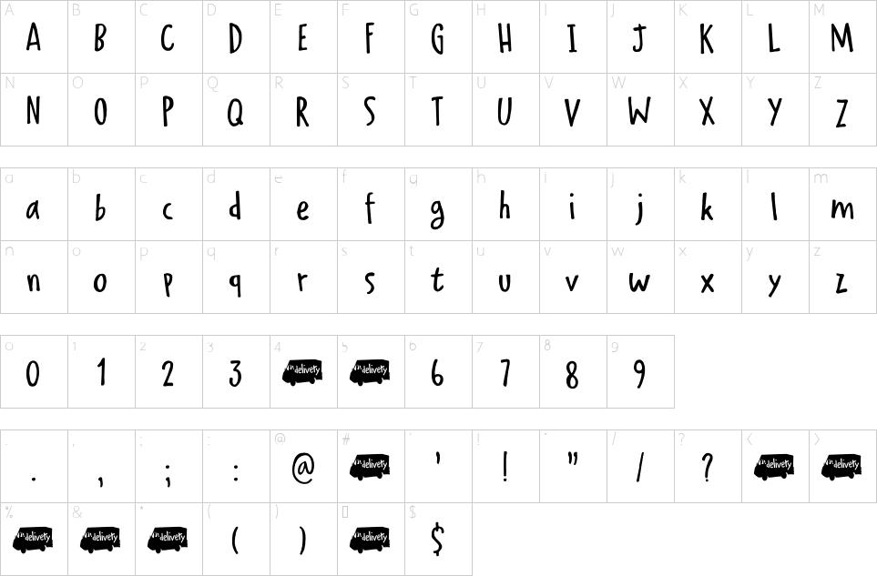 Mapa de caracteres da fonte Delivery Note Font