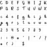 Mapa de caracteres da fonte Dellina Brush Font