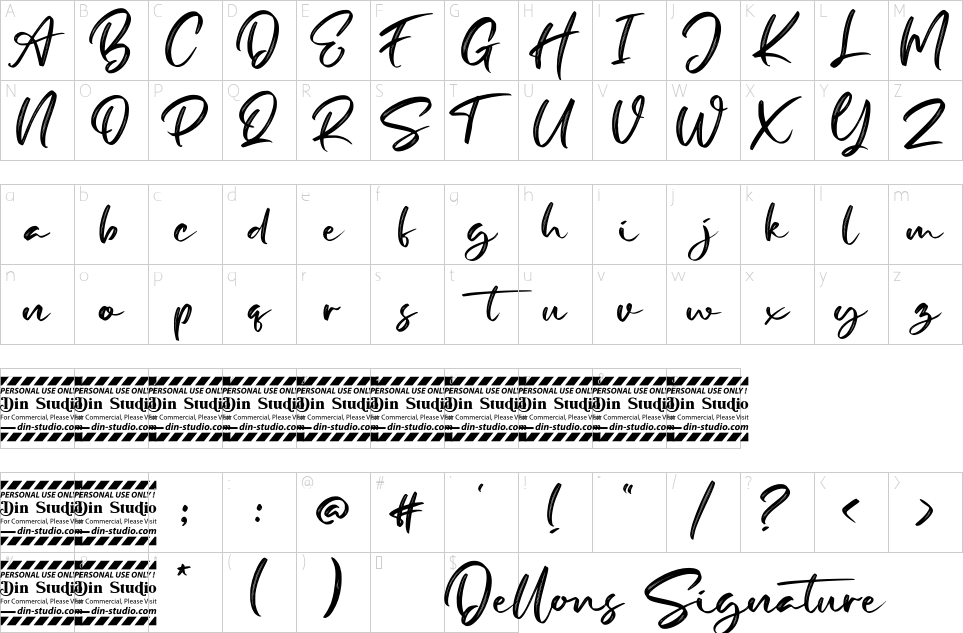 Mapa de caracteres da fonte Dellons Signature Font