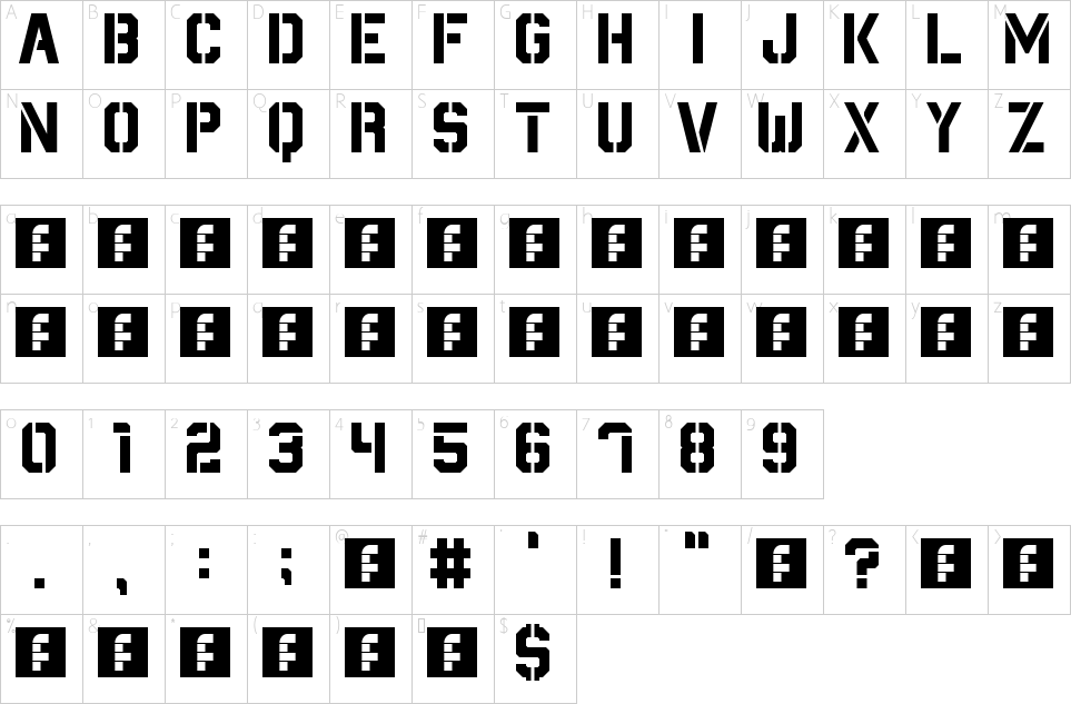 Mapa de caracteres da fonte Destructive Font