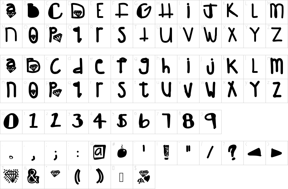 Mapa de caracteres da fonte Diamond Girl Font