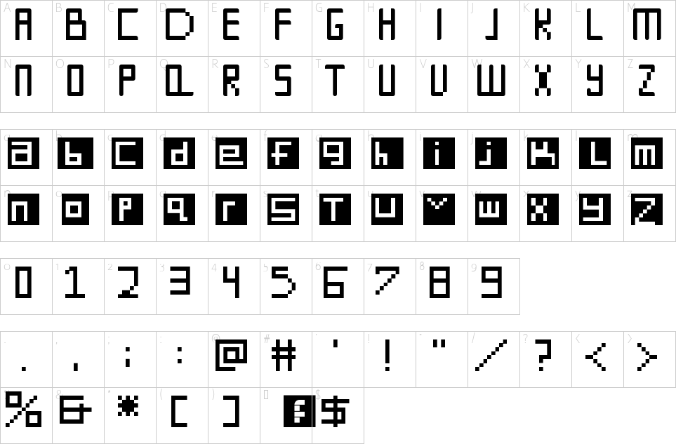 Mapa de caracteres da fonte Digit square Font