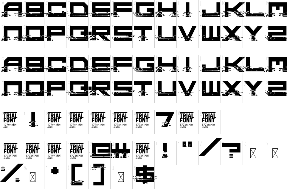 Mapa de caracteres da fonte Digital Glitch Font