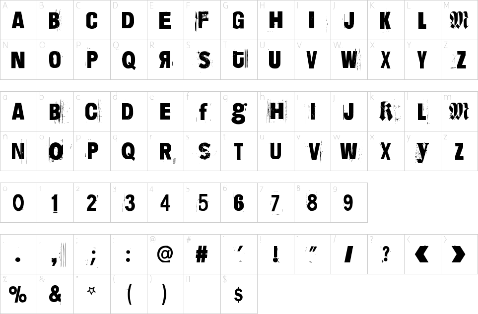Mapa de caracteres da fonte Dimension Zero Font