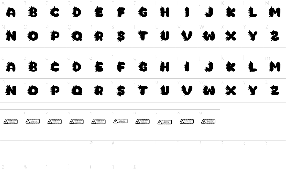 Mapa de caracteres da fonte Dino Alphabet New Font