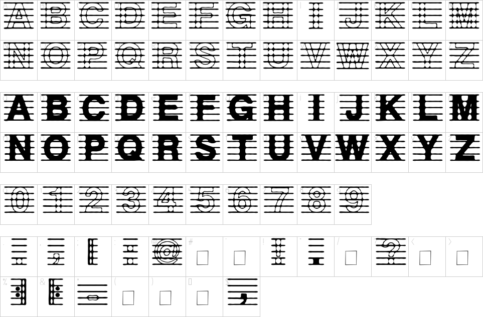 Mapa de caracteres da fonte Distracted Musician Font