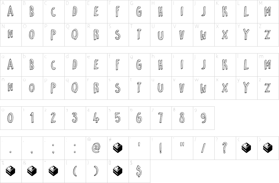Mapa de caracteres da fonte DK Petit Four Font
