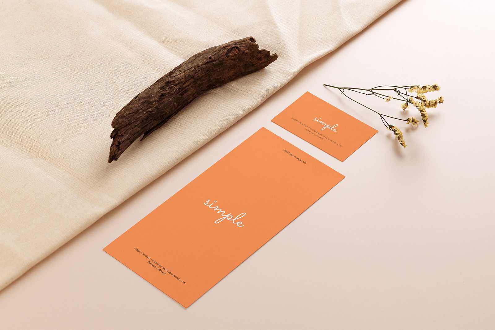 DL flyer with business card on beige background mockup
