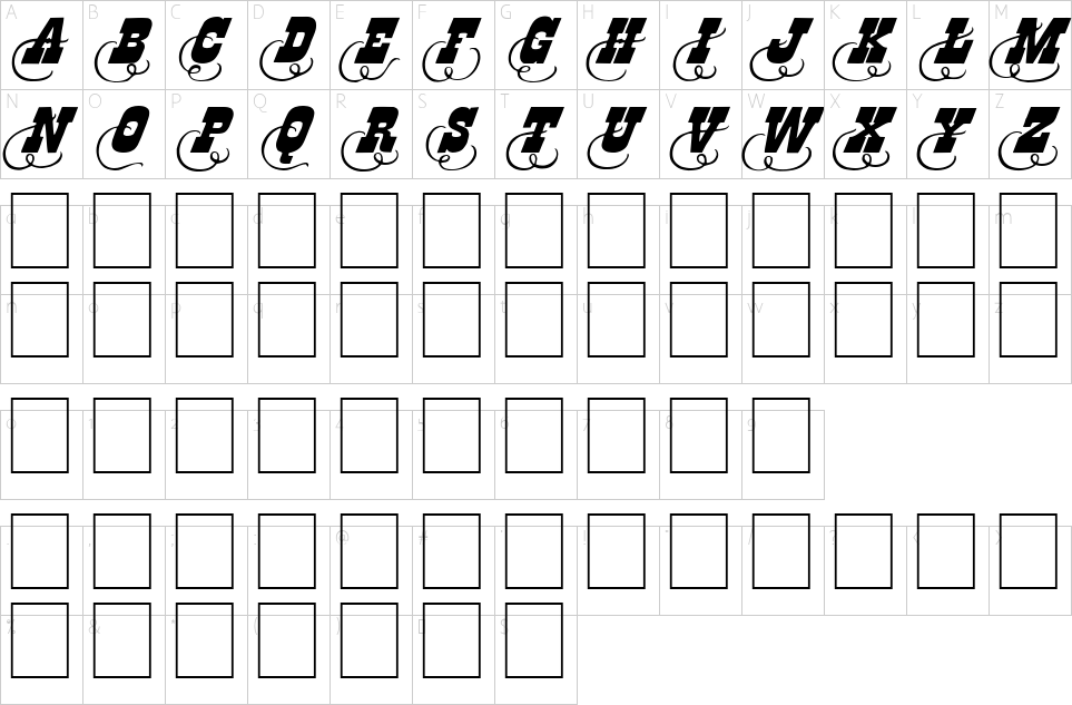 Mapa de caracteres da fonte Dodge City Initials Font