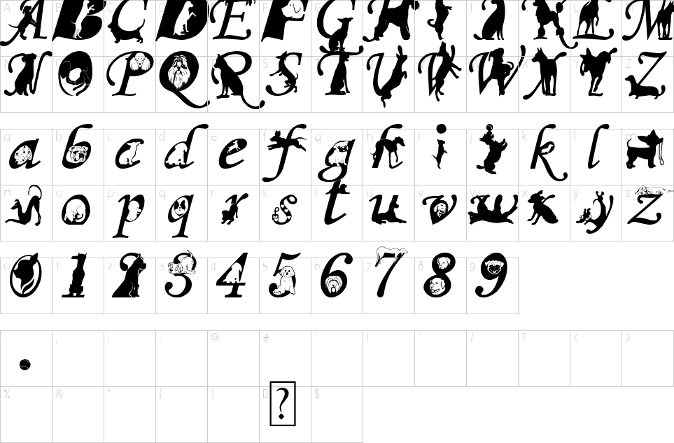 Mapa de caracteres da fonte Doggy Dog World Font