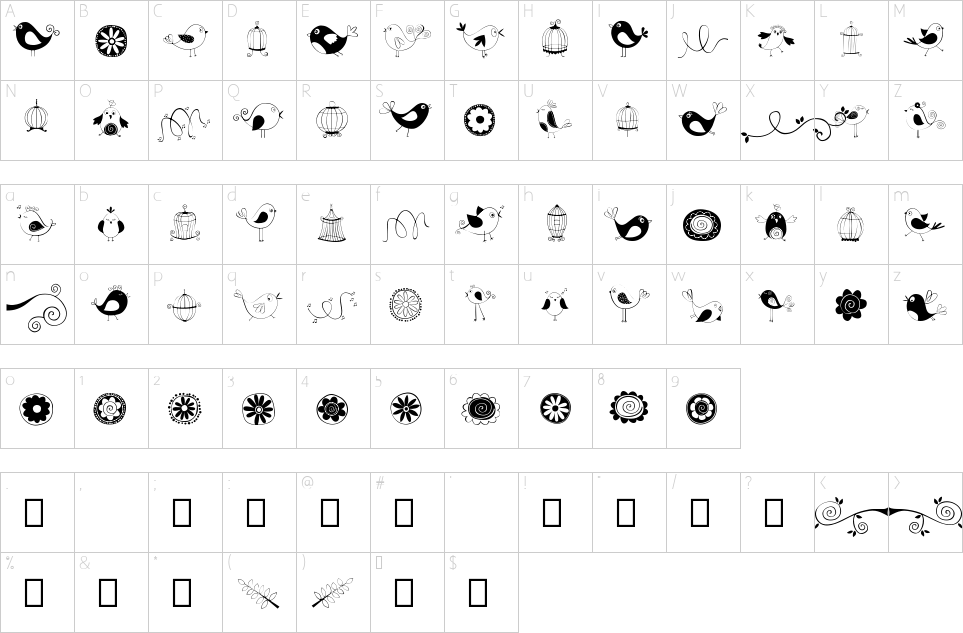 Mapa de caracteres da fonte Doodle Dings 1 Birds Cages Font