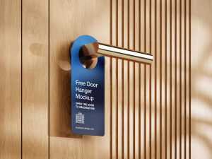 Door hanger on wooden doors mockup