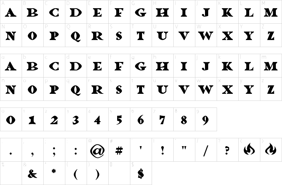 Mapa de caracteres da fonte Dragonlands Font