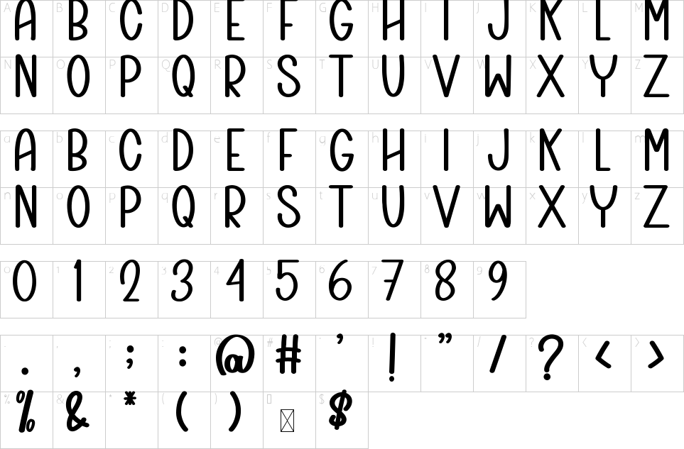 Mapa de caracteres da fonte Drawing Sandwich Font