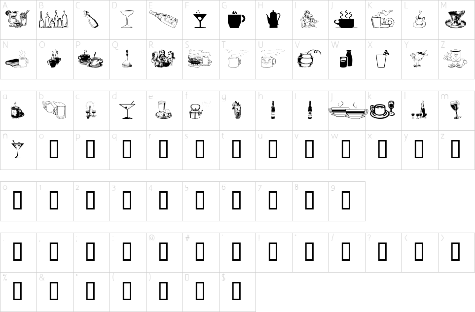 Mapa de caracteres da fonte Drinks Various Font