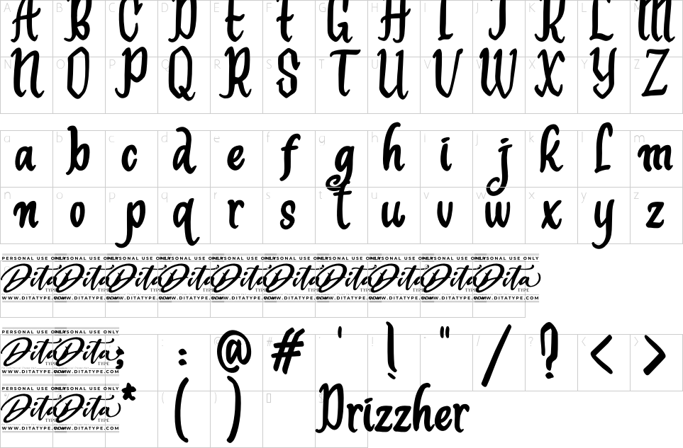 Mapa de caracteres da fonte Drizzher Font