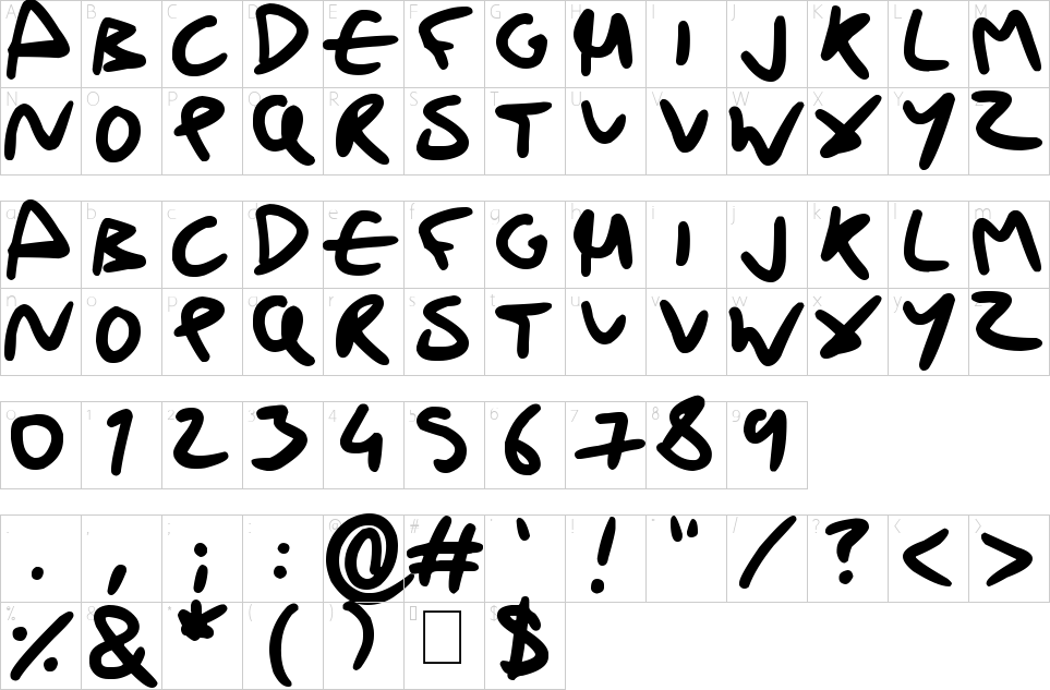 Mapa de caracteres da fonte Drunk Handwriting Font