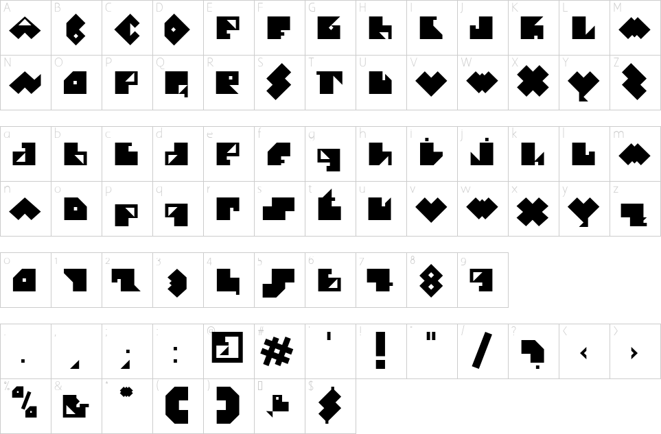 Mapa de caracteres da fonte e-Pececito Font