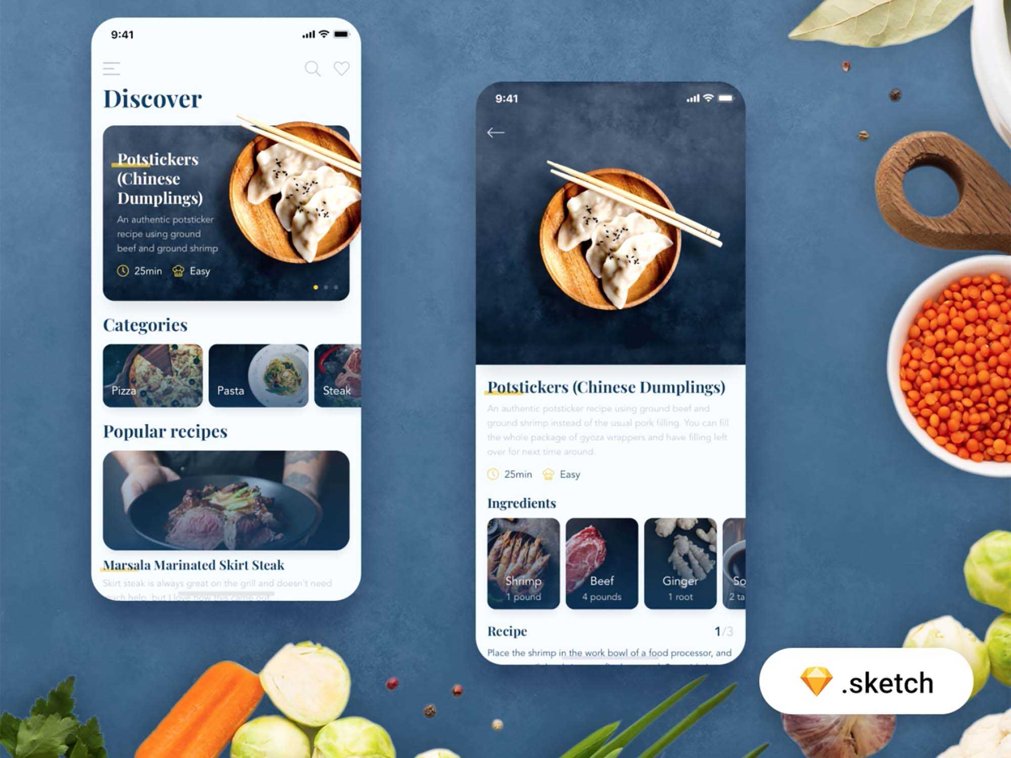 Free Food Recipes App Template (Sketch)