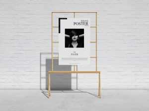 Free Front View Wooden Stand Poster Mockup (PSD)