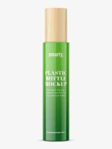 Free glossy bottle with wooden cap mockup