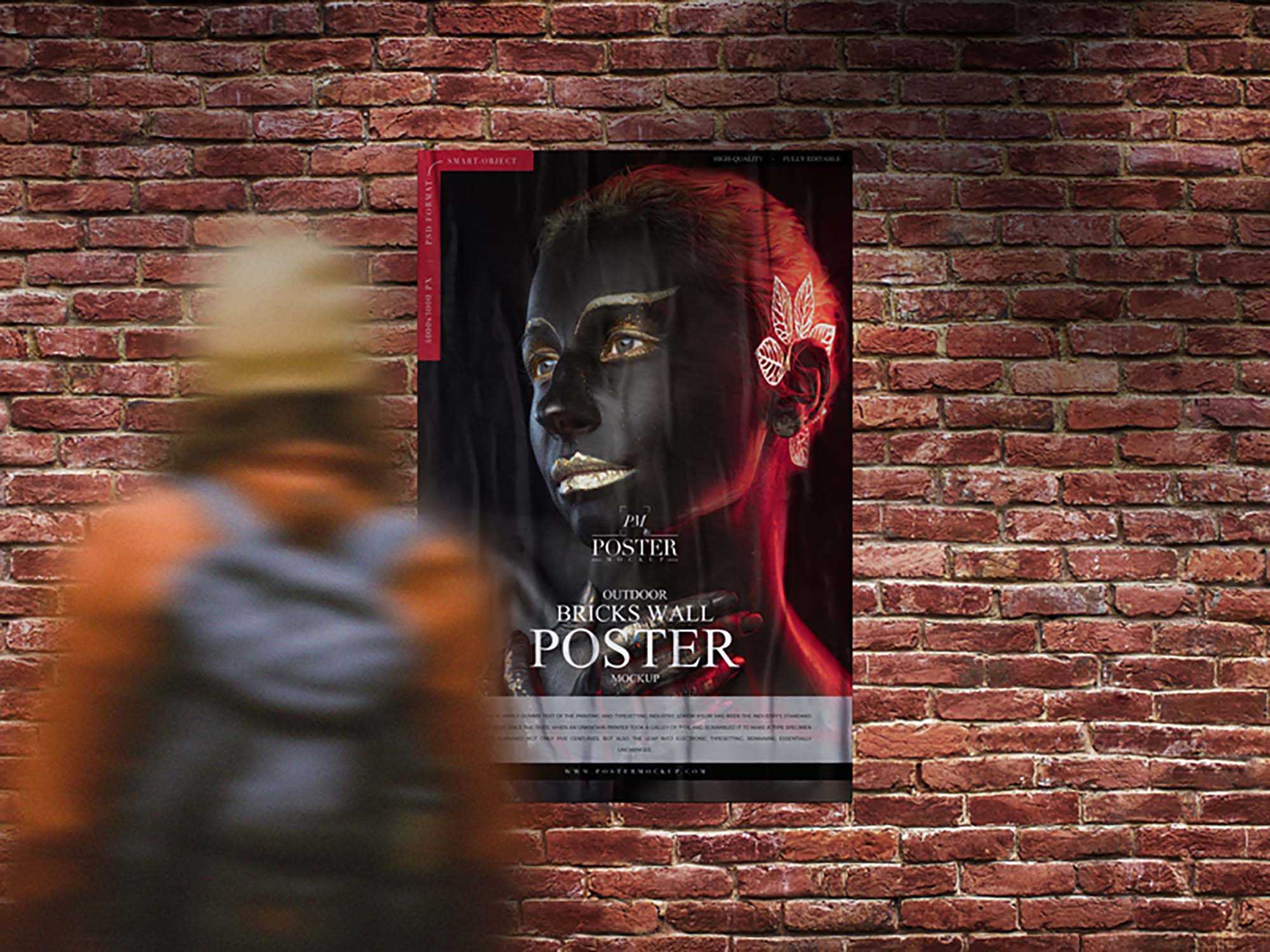 Free Outdoor Bricks Wall Poster Mockup (PSD)
