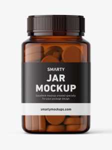 Free square jar with tablets mockup / amber