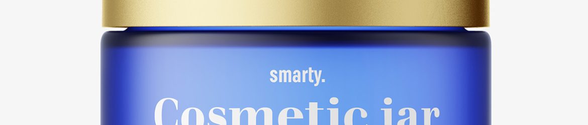Frosted blue cosmetic jar with metallic cap mockup