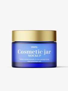 Frosted blue cosmetic jar with metallic cap mockup