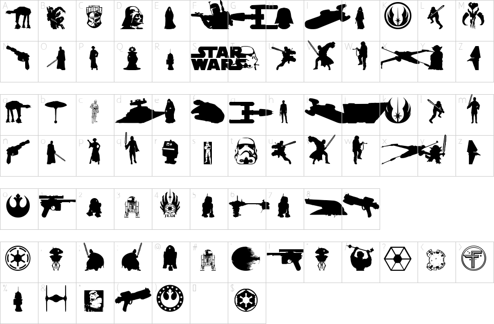 Mapa de caracteres da fonte Galaxy Far Far Away Font