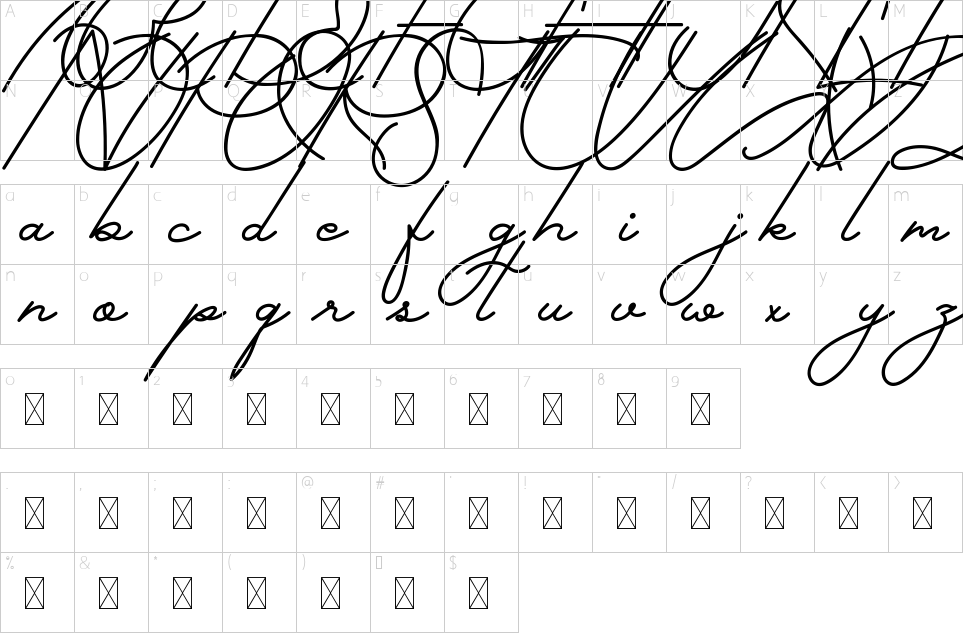 Mapa de caracteres da fonte Gallery Dwiarna Font