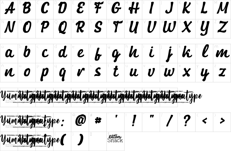 Mapa de caracteres da fonte Galore Snack Font