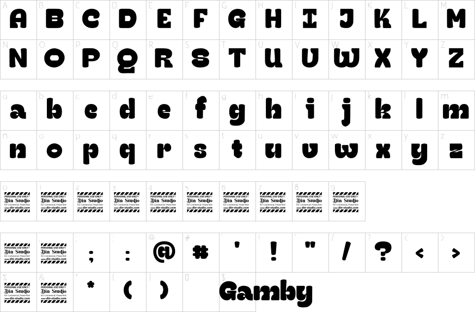 Mapa de caracteres da fonte Gamby Font