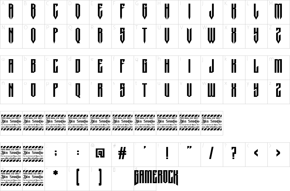 Mapa de caracteres da fonte Gamerock Font