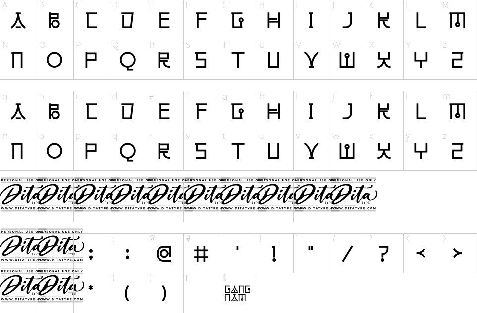 Mapa de caracteres da fonte Gangnam Font