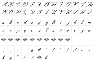 Mapa de caracteres da fonte Gartenya Calligraph Font